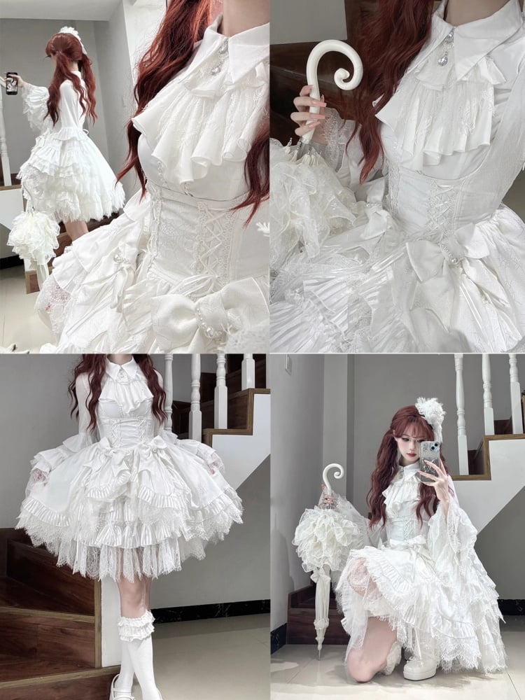 White Under Bust Drawstring Hem Shiro Lolita Spider Web Fabric Gothic Lolita Dress