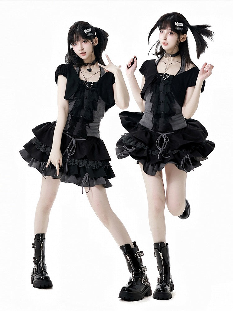 Skirt Cropped Top+Halter Neck Top+Tiered Sleeves Y2K Black and Gray Three Pieces Set - Short