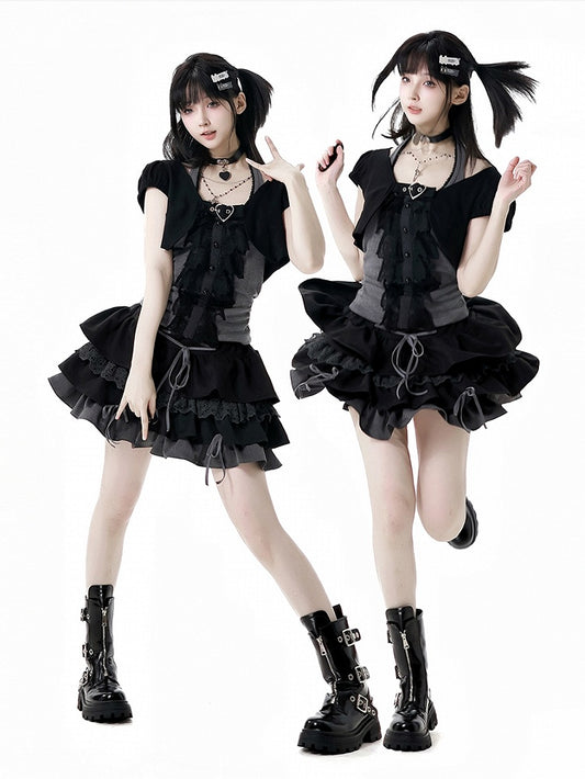 Skirt Cropped Top+Halter Neck Top+Tiered Sleeves Y2K Black and Gray Three Pieces Set - Short