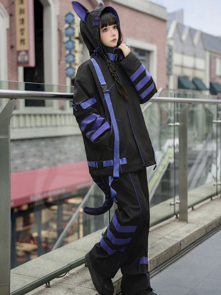 Black and Purple Techwear Buckle Straps Cat Ears Hooded Baggy Windbreaker Jacket