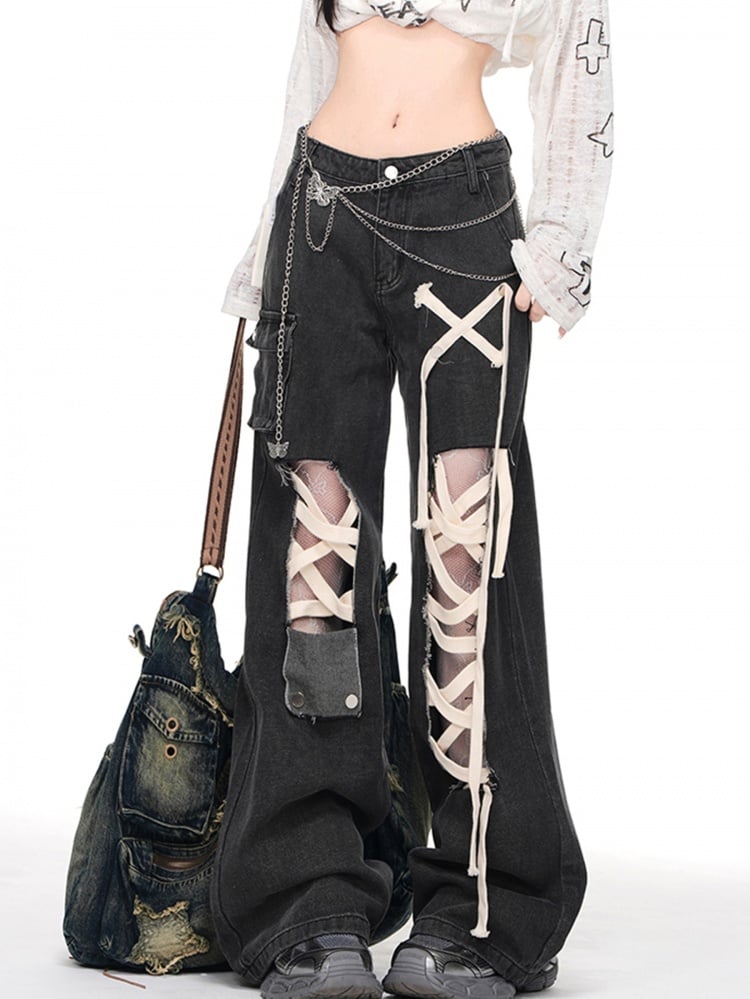 Black Lace-up Detail Cut-out Wide-leg Jeans