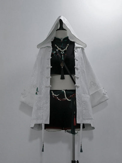 White Jacquard Leaf Hooded Coat Bamboo