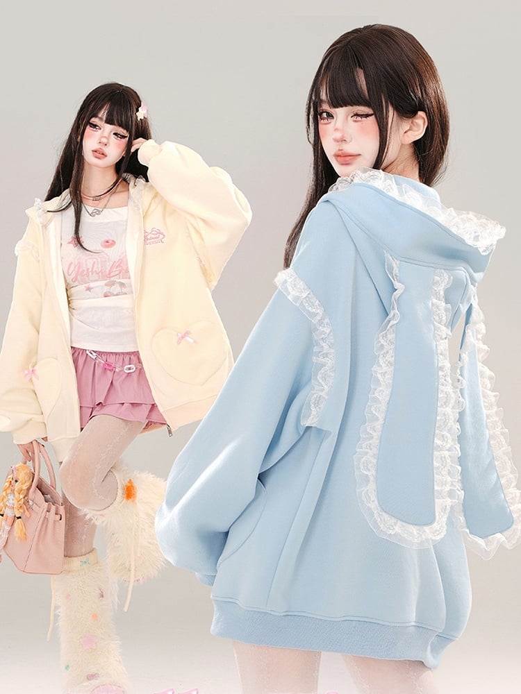 Blue/Apricot Bunny Ears Lace Trim Zip Hoodie