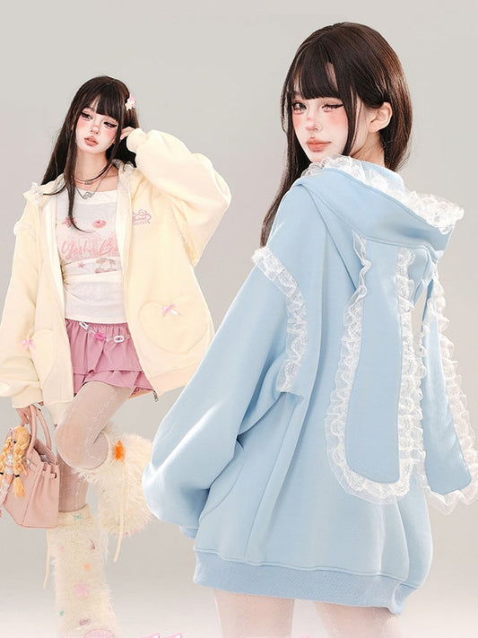 Blue/Apricot Bunny Ears Lace Trim Zip Hoodie