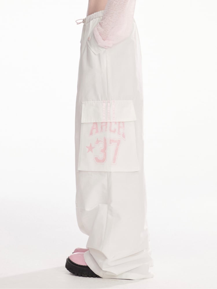 Drawstring Waist Striped Side Wide-Leg Cargo Pants Black/White