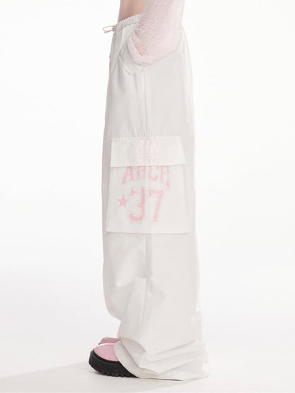 Drawstring Waist Striped Side Wide-Leg Cargo Pants Black/White
