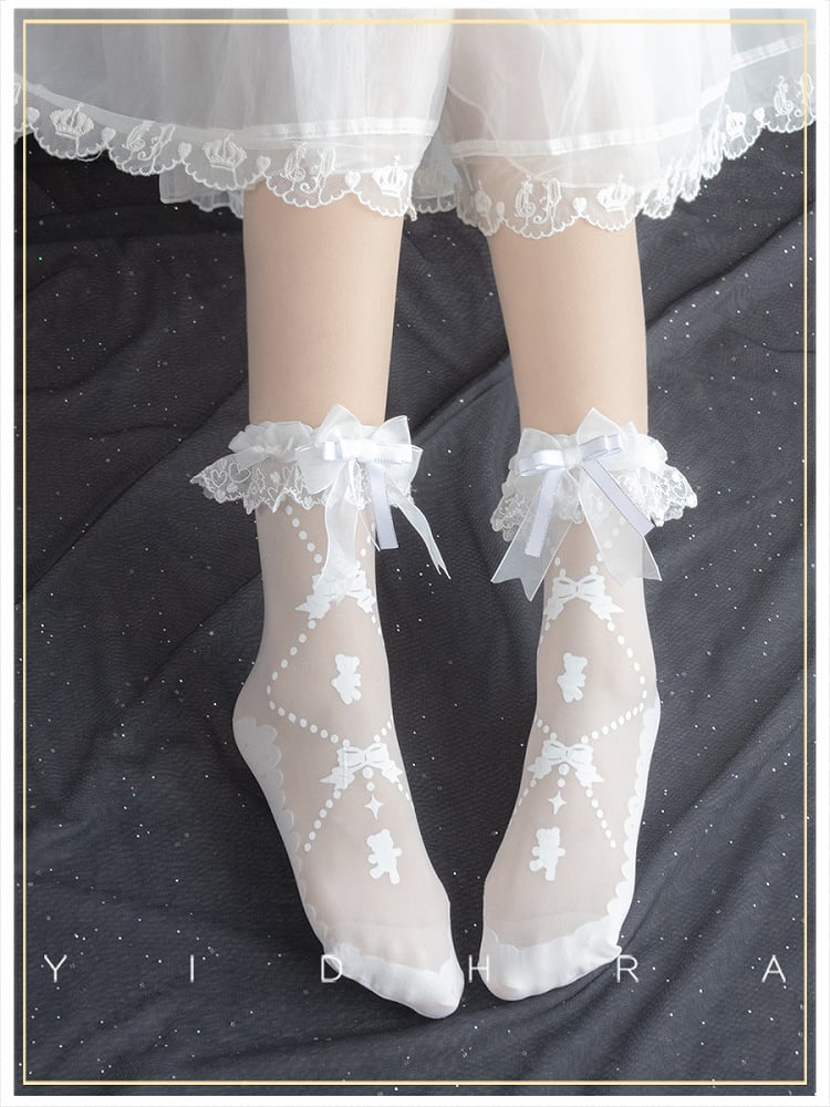 Black White  Bunny Bear Print Sweet Lolita Socks