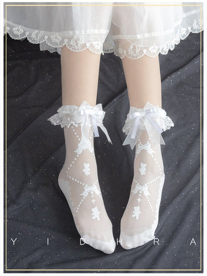 Black White  Bunny Bear Print Sweet Lolita Socks