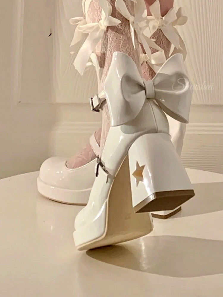 with Astral Platforms Back Bow Cut-Outs Themed Y2K Block and - Celestial Heels White