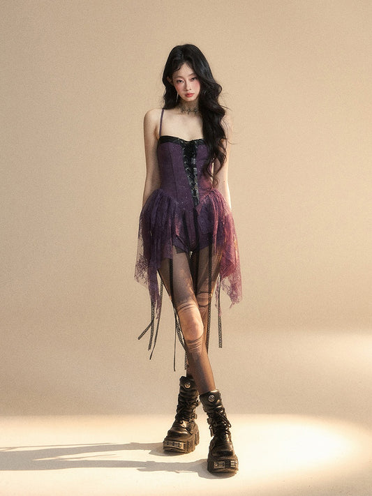Hem Slip Dress Front Asymmetrical Lace Detail Shorts Purple Basque Waist Lace-up with Glamorous
