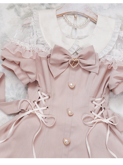 Lace Outfit-Lace-up Kei Ruffles Trim Sleeves Short Jirai Pink Shorts + Details Top
