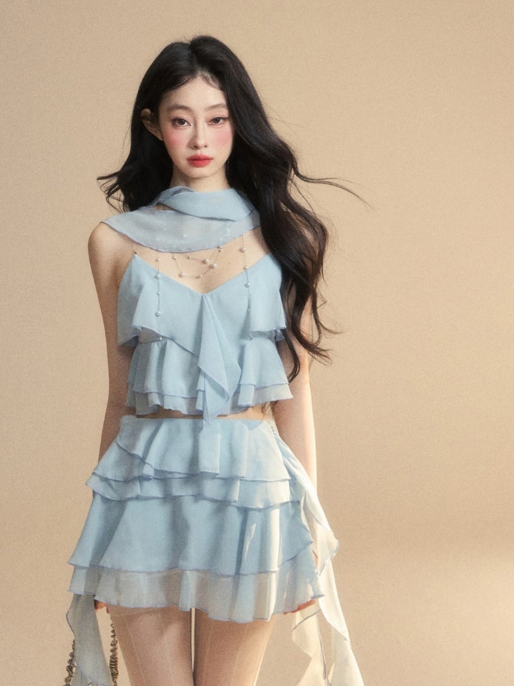 Blue Chiffon Tiered Skirt Mini Asymmetrical Ruffled Hem Slim-fitting