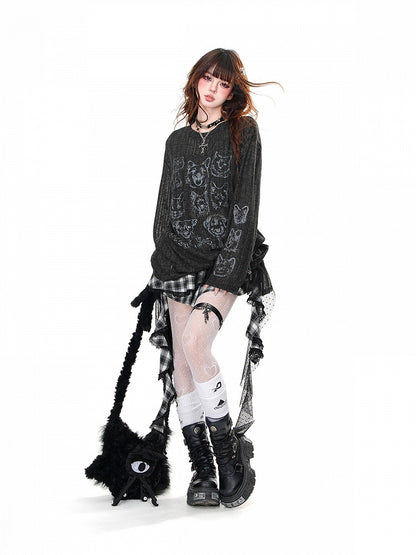 Neck Puppy Round Semi-sheer Top and Kitty Print Loose Black/Beige