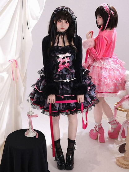 Cute Bunny Satin Bows Decorated Tiered Skirt Black Boning Dress