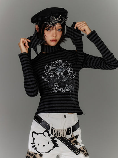mit Schal Schwarz Grau Gestreift Cutout Schulter Grafik Top Star Punk