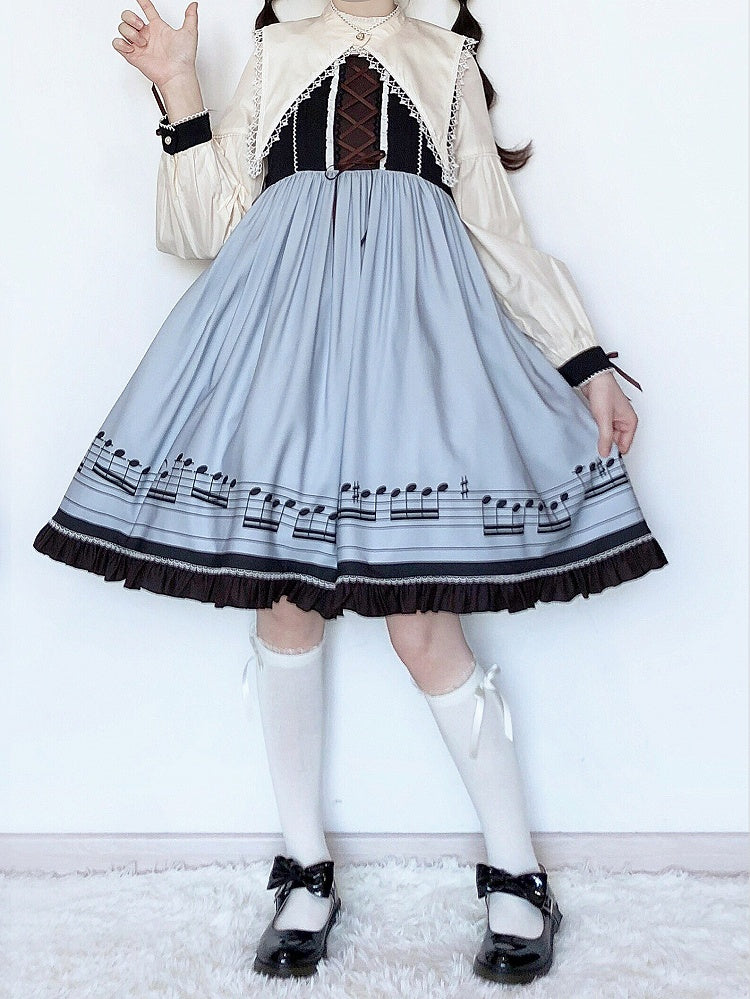 Robe Lolita d'automne bleue à manches longues et col pointu séparé, motif notes de musique