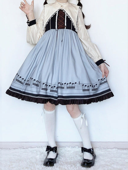 Robe Lolita d'automne bleue à manches longues et col pointu séparé, motif notes de musique