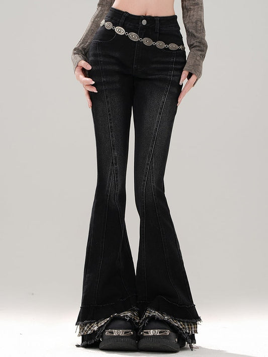 Black Plaid Patchwork Cuffs Fishtail Jeans