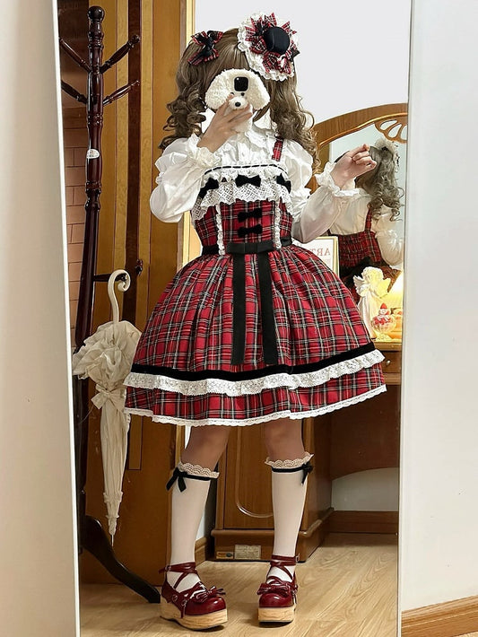 Red Plaid Pattern Sweet Christmas Vibes Lolita Jumper Skirt