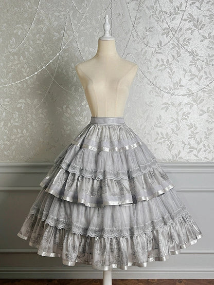 Grauer Stufenrock mit Kitty-Print, Silber und Lolita-Häschen