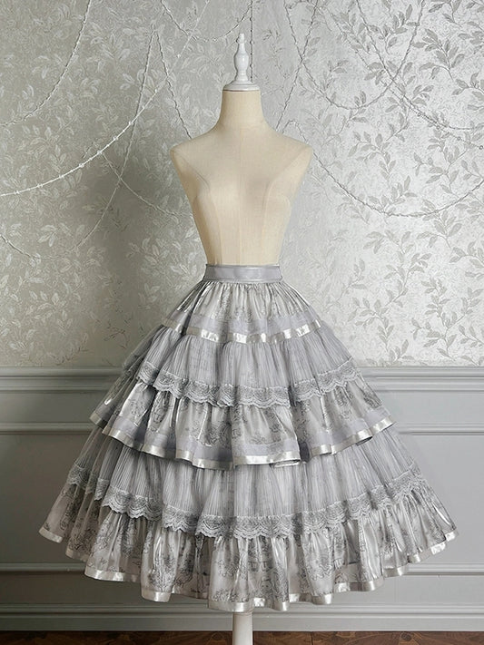 Kitty Print Gray Tiered Skirt Silver and Lolita Bunny