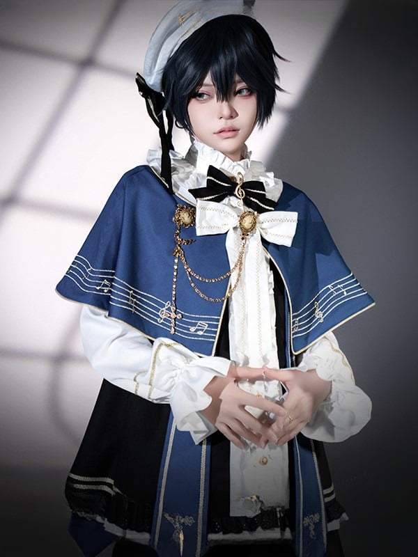 with and Top Set Musical Note Lolita Capelet + White Ouji Embroidered Blue Full Shorts