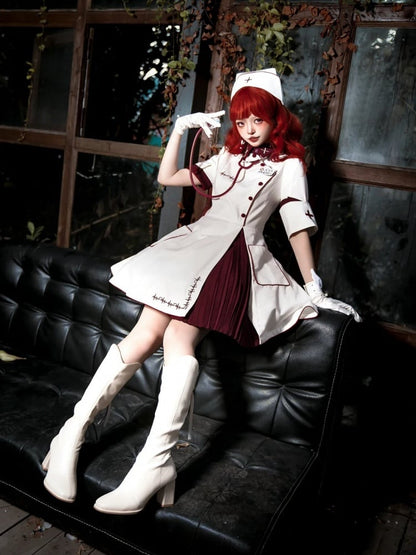 White and Red Halloween Costume Nurse Lolita Dress Full Set