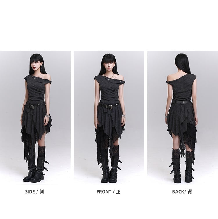Buckle Studded Asymmetrical Neckline Cascading Ruffles Belt with Dress