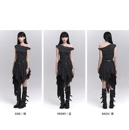 Buckle Studded Asymmetrical Neckline Cascading Ruffles Belt with Dress