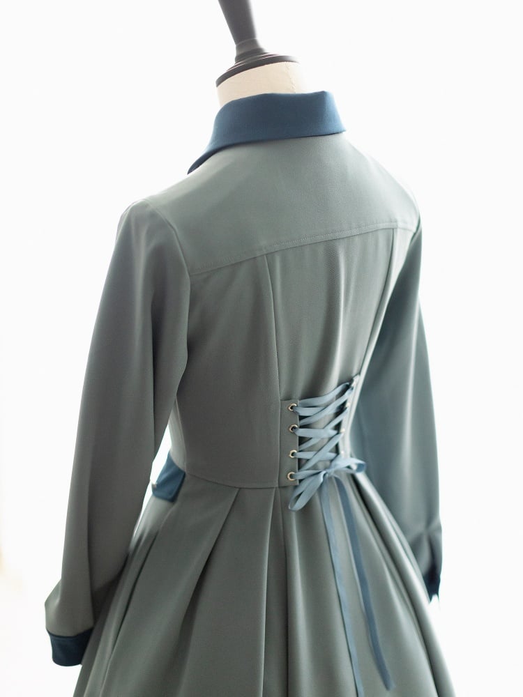 Beauxbatons Uniform Inspired Dusty Blue Elegant Vintage Front Button Placket One Piece with Detachable Cape