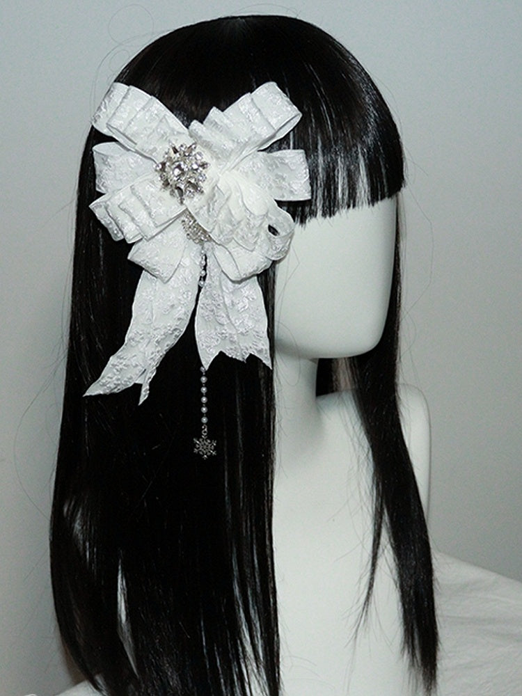 Snow Accents White Charm Hairclip/Brooch Beaded And Rhinestone with Bowknot Lolita Gothic