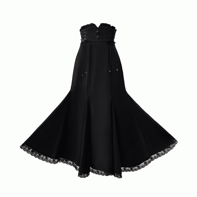 Mermaid Skirt Jirai Kei Black Lace Waist Trim with Lace-up Details at Side
