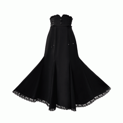 Mermaid Skirt Jirai Kei Black Lace Waist Trim with Lace-up Details at Side