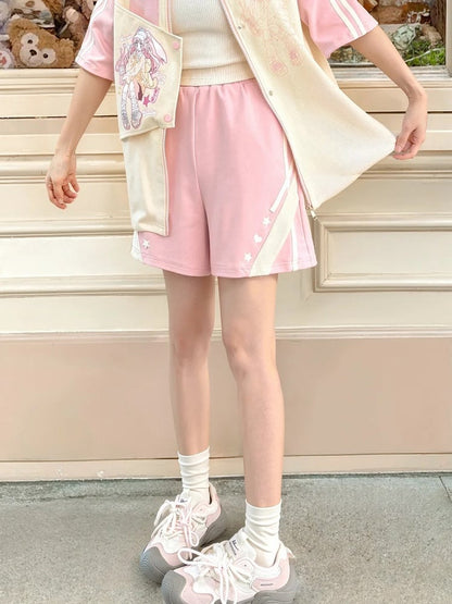 Pink Elastic Waist Loose Shorts