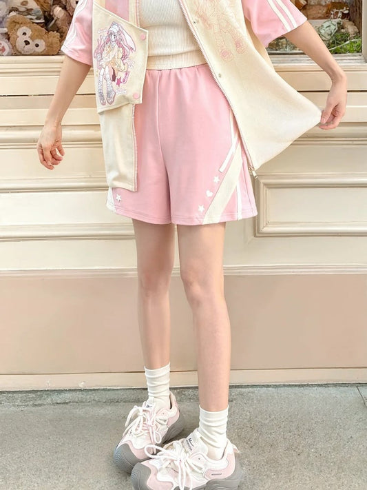 Pink Elastic Waist Loose Shorts