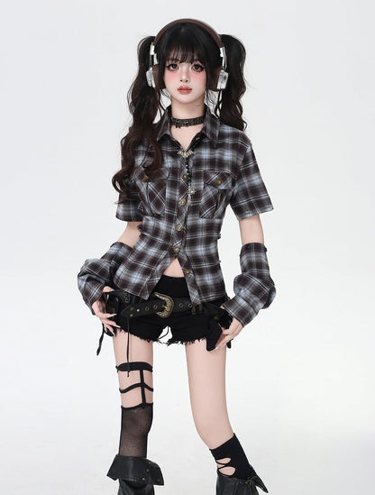 Detachable with Blue and Brown Plaid Lace-up Back Backless Shirt