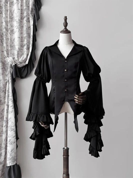 Black / Dark Blue Long Bell Sleeves Aristocrat Gothic Shirt