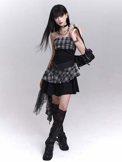 Strapless Dress Skirt Black  White Plaid Asymmetrical Hem Tiered