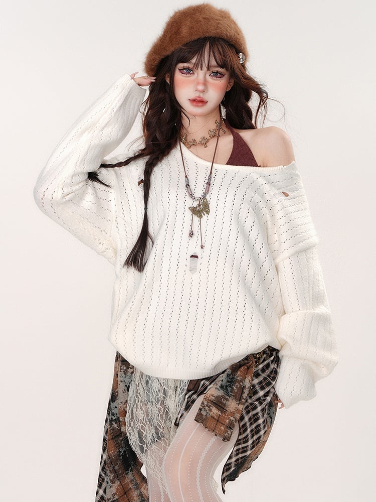 Distressed Holes White Sweater with Coffee Halter Neck Cami Top Set