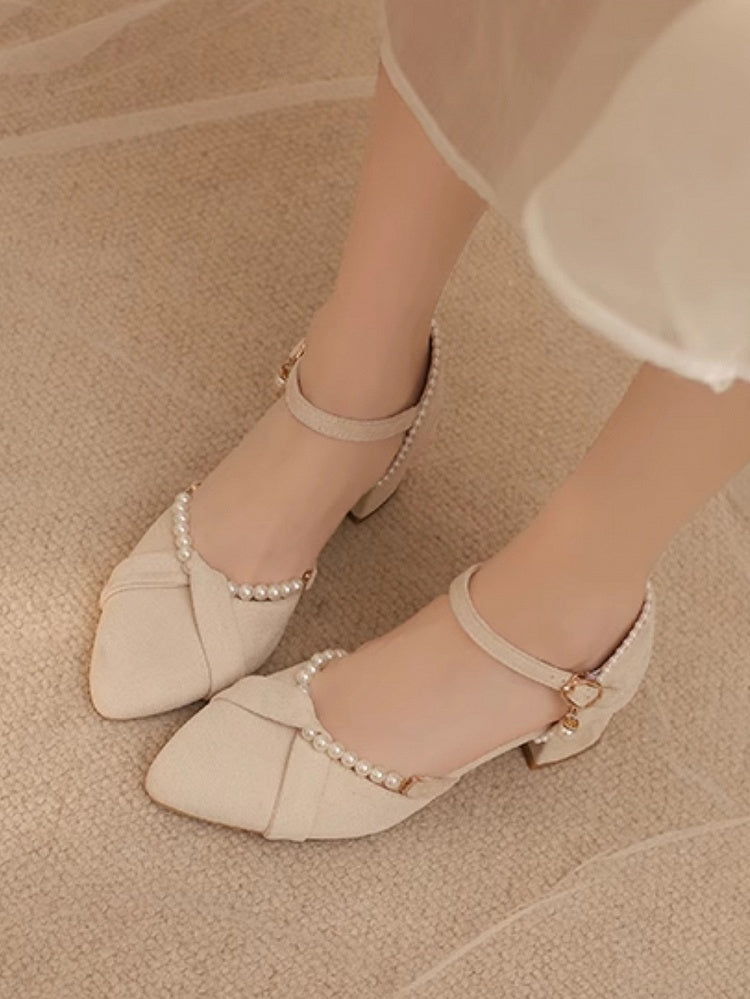Beige Beads and Back Heel Suede Details Chain Qi Sandals Toe Detachable Lolita with Pointed Mid