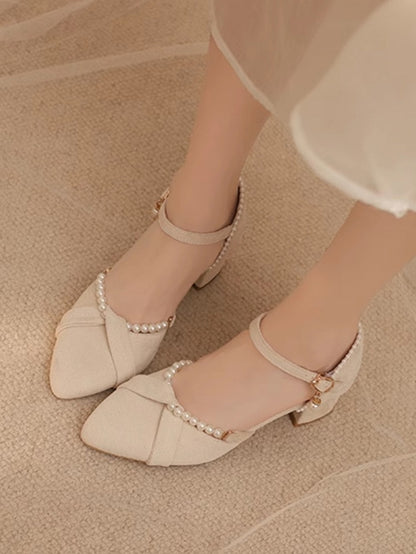 Beige Beads and Back Heel Suede Details Chain Qi Sandals Toe Detachable Lolita with Pointed Mid