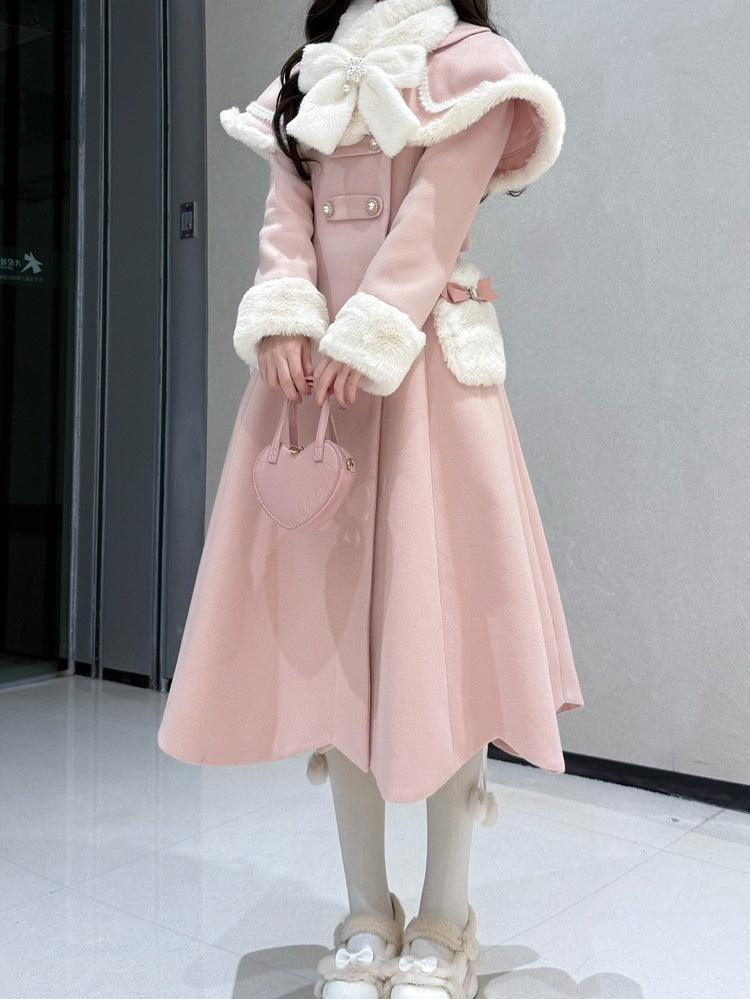 Pink Cape Scalloped Edge Trim Lolita Coat with Plush Bowknot Scarf