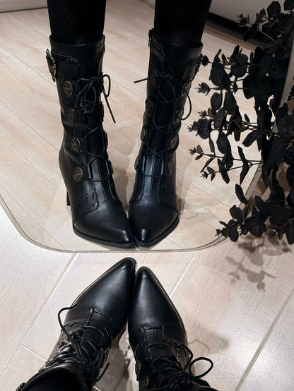 Lace-Up Pointed Leather Buckle Mid-Calf Boots Toe Elegant Embellishments - with Heels Lolita PU and Black