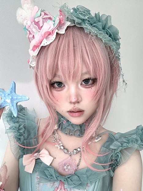 Claw Two Wigs With Bangs + Length Pink Shoulder Wavy Ponytails
