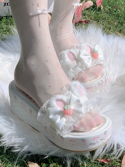 Trim Bow Platform Lolita Lace Accents Sweet White Ear Bunny Slippers Plush