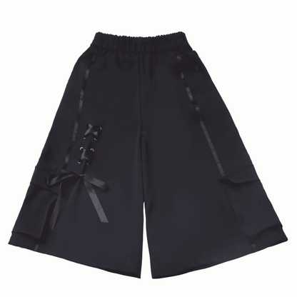 Wide-Leg Shorts with Lace-up Detail Waist Black/Plaid Elastic