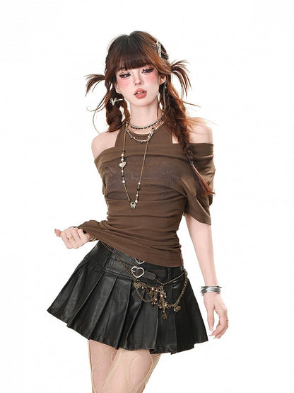 Apricot/Black/Coffee Halter Neck Cutout Shoulder Letter Glamorous T-shirt