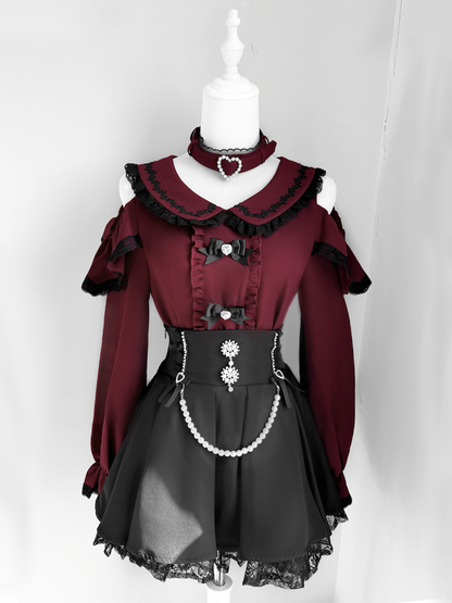 Jirai Kei Peter Pan Collar Cutout Shoulder Contrast Detachable Choker Trim Blouse Black with Wine Red Design Lace