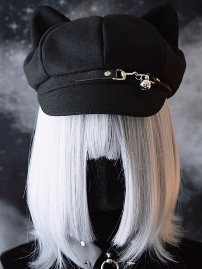 Hut Katze Schnalle Ohr Schwarz Design Gothic Glocke Charme Baskenmütze