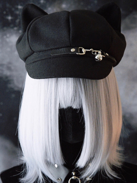 Hut Katze Schnalle Ohr Schwarz Design Gothic Glocke Charme Baskenmütze